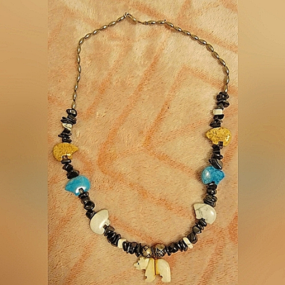 Native American Necklace Bears 18" Sliver Multi-Color Natural stone